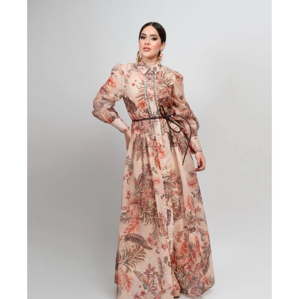 Chic Floral Long Dress with Black Ribbon